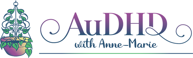 AuDHD with Anne-Marie logo featuring a colorful plant pot with leaves, representing support for neurodivergent individuals, particularly adults with ADHD and autism, emphasizing growth and productivity.